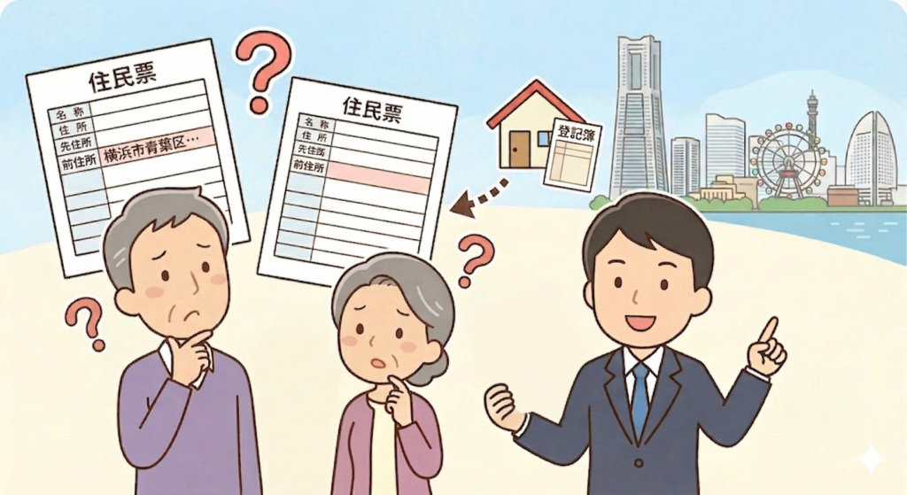 住民票の様式変更と不動産登記への影響について、困っている夫婦に笑顔で解説する司法書士のイラスト
