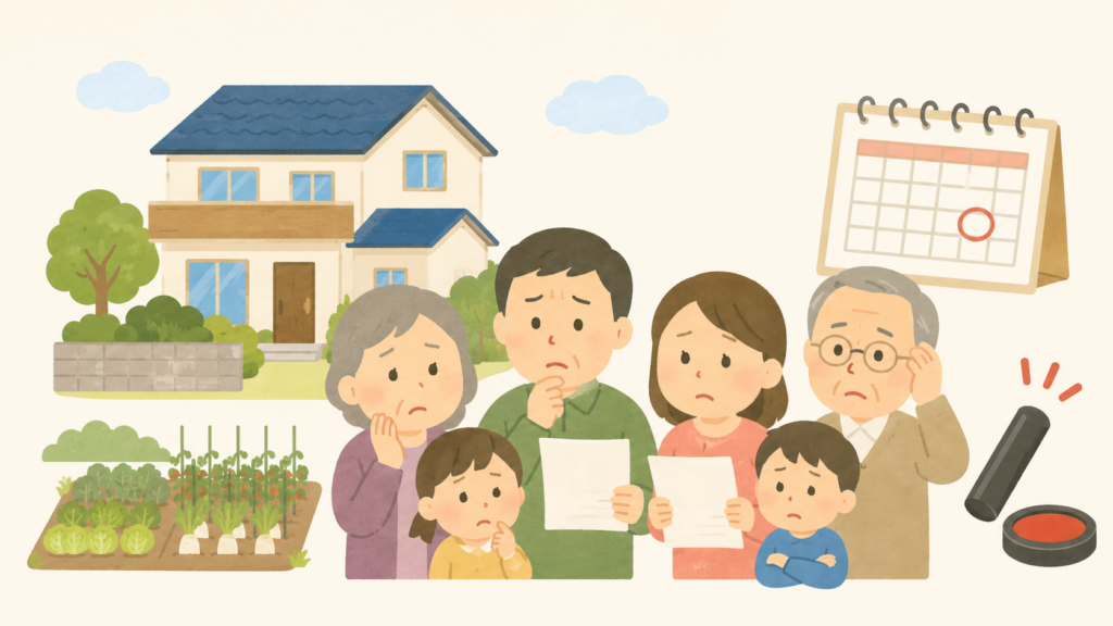 実家の相続登記や手続きの期限について、困った様子で話し合っている家族のイラスト