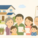 実家の相続登記や手続きの期限について、困った様子で話し合っている家族のイラスト
