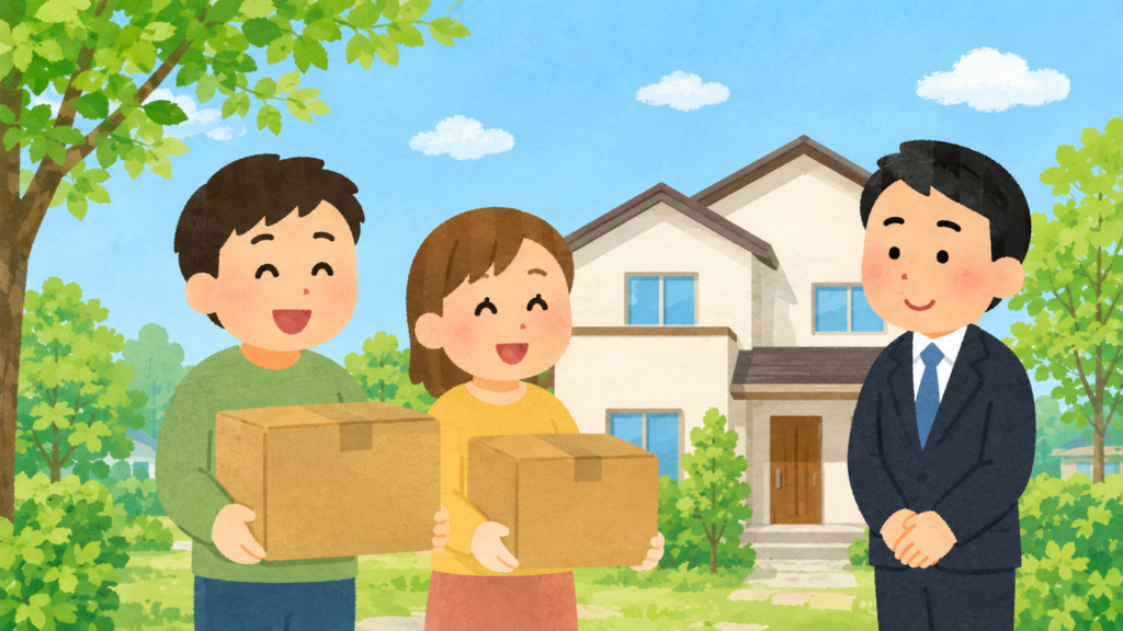 引っ越し後の不動産住所変更登記の義務化について、新居に引っ越す夫婦とサポートする司法書士のイラスト