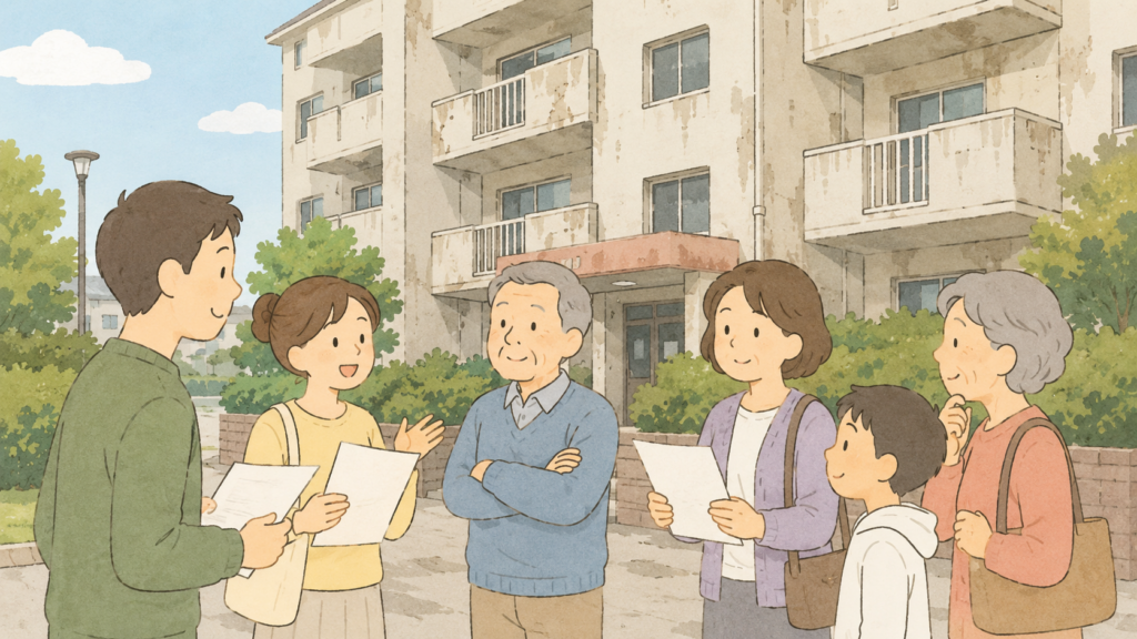 古い分譲マンションの前で書類を持ちながら話し合う住民たちのイラスト