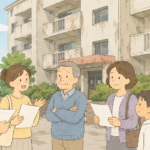 古い分譲マンションの前で書類を持ちながら話し合う住民たちのイラスト