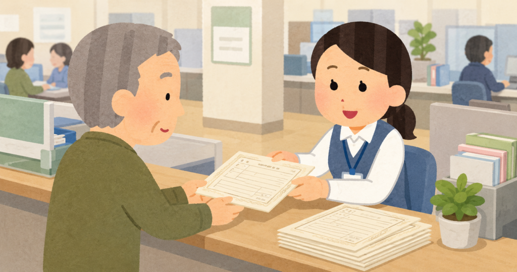 市区町村役所の窓口で職員から戸籍書類を受け取る来庁者のイラスト