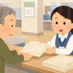 市区町村役所の窓口で職員から戸籍書類を受け取る来庁者のイラスト