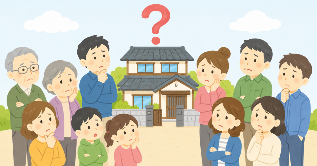 相続登記をしないまま関係者が増えた実家を、大勢の親族が困った表情で囲んでいるイラスト