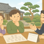 実家の名義について家系図とカレンダーを前に司法書士へ相談する親子のイラスト