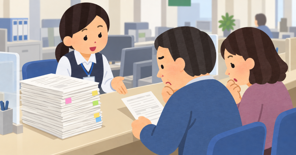 法務局の窓口で戸籍の束と一枚の証明書を見比べる相続人のイラスト