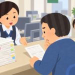 法務局の窓口で戸籍の束と一枚の証明書を見比べる相続人のイラスト