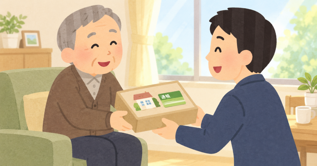 父親が息子に家と通帳を託しているイラスト