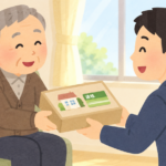 父親が息子に家と通帳を託しているイラスト